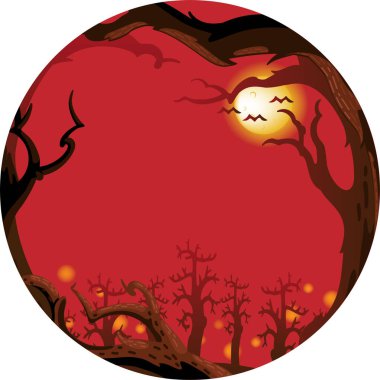 Cadılar Bayramı ağacı arkaplan vektörü. Dolunayı ve zemini olan ürkütücü bir orman. Sonbaharın yaprakları ve dalları olmadan. Cadılar Bayramı için tasarım. Beyaz arkaplanda izole edilmiş vektör illüstrasyonu.