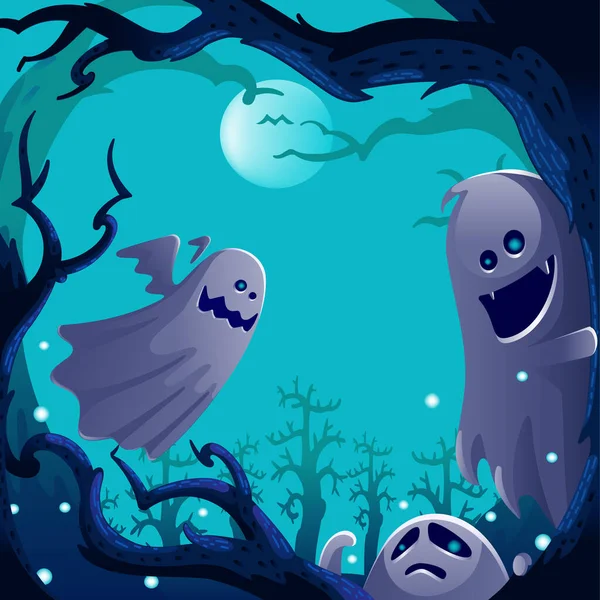Esprit Fantôme Scène Arbre Automne Fond Halloween Fantôme Feuille Conception — Image vectorielle