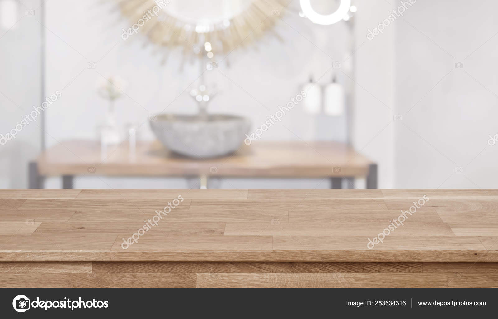 Wooden Table Front Blurred Bathroom Sink Interior Background