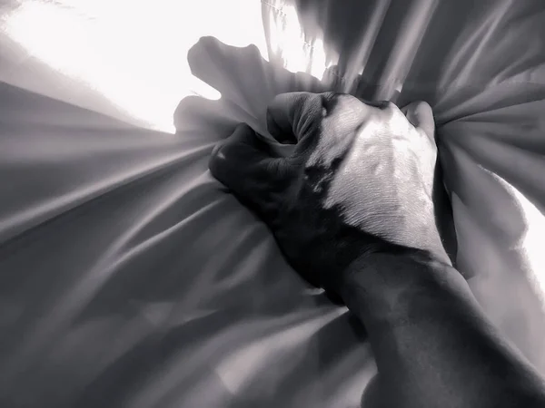 Black White Image Concept Man Hand Pulled White Sheets Hand — Stock Photo, Image