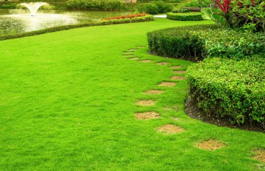 Evin önündeki çimlerin kaldırımları, arkada havuzu yeşil tarlalarda kıvrımlı yürüyüş yolları ve bahçe tasarımı olan kamu bahçesi var..