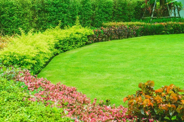 Formale Paesaggistico Cortile Anteriore Con Disegno Del Giardino Prato Verde — Foto Stock