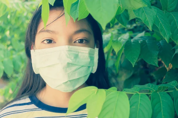 Coronavirus Covid-19 virus and Air pollution pm2.5 concept., Girl with mask to protect her from Corona virus. Corona virus pandemic.