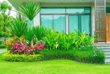 Güzel peyzajlı ön bahçeli modern ev, yeşil çimenli bahçe hem çalılar hem de çiçekli ön bahçe arka planı, bahçe tasarımı eğimli taze çimenler.