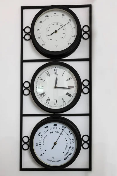 Reloj Pared Redondo Termómetro Barómetro Marco Negro Metal Elemento Diseño Fotos de stock