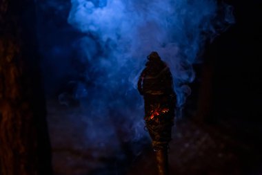 Ateşsiz tarihi meşale. Gece çekimleri ay ışığında ve siste.