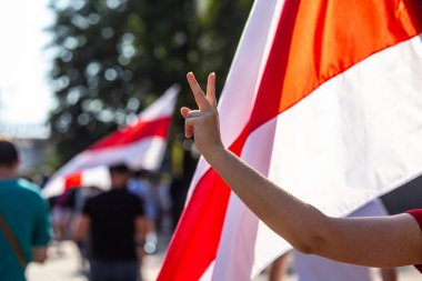 Minsk, Belarus, 30 Ağustos 2020. Beyaz-kırmızı-beyaz bayrak Beyaz Rusya 'daki barışçıl protestoların sembolü.