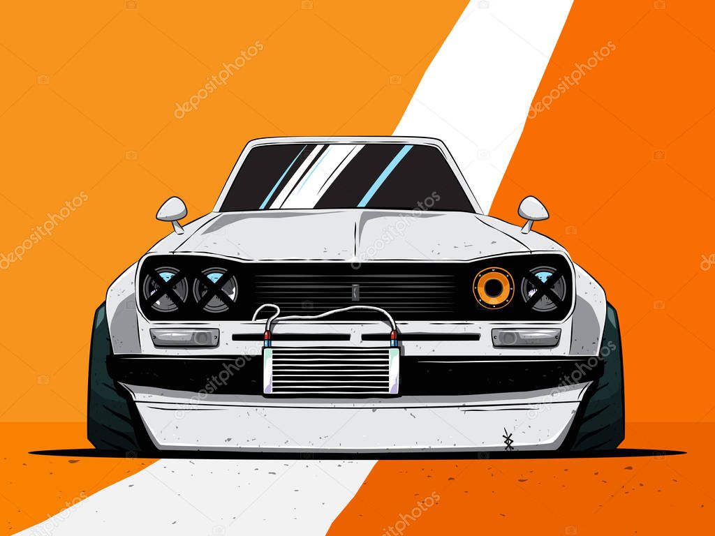 Cartoon japan tuned old car isolated. Front view. Vector illustration