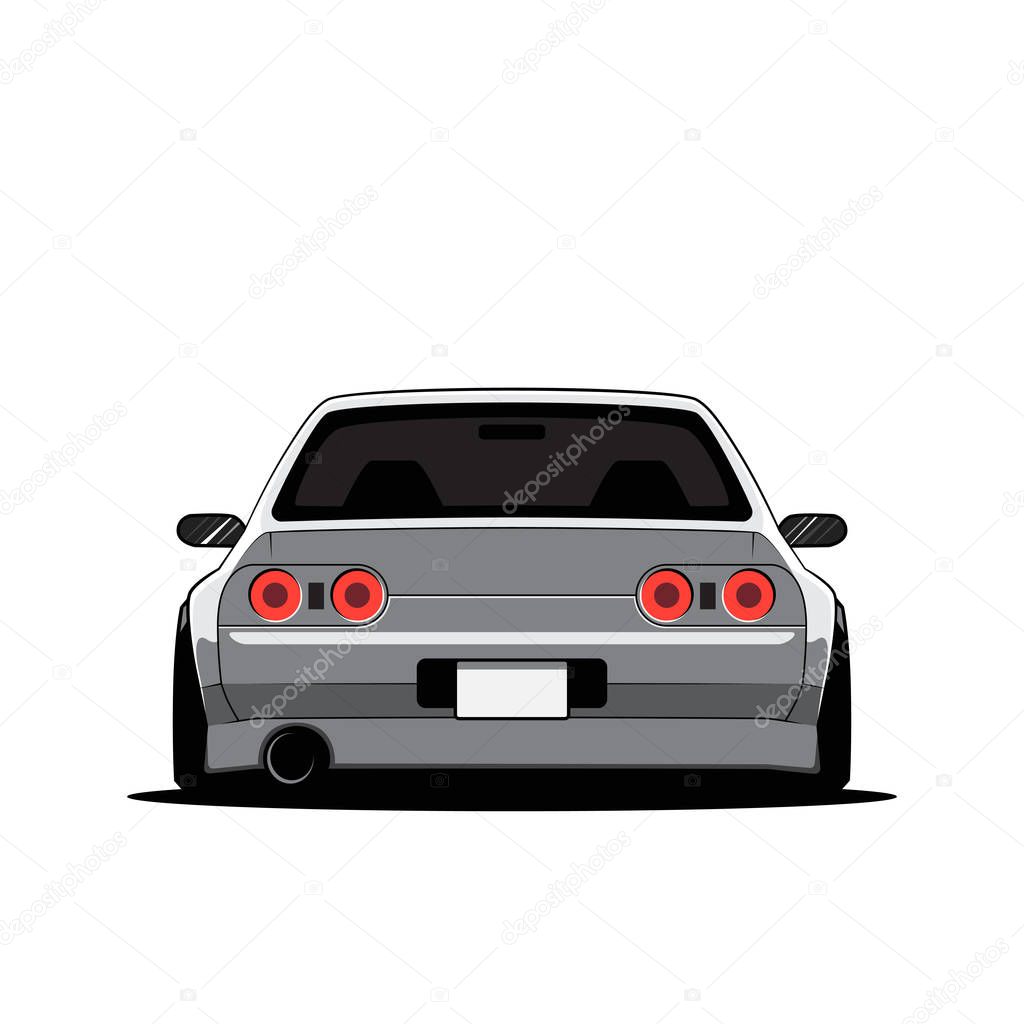 Cartoon japan tuned car isolated. Back view. Vector illustration
