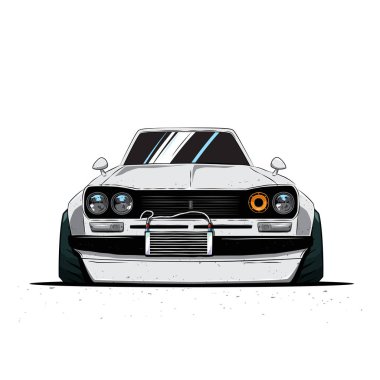 Cartoon japan tuned old car isolated. Front view. Vector illustration clipart