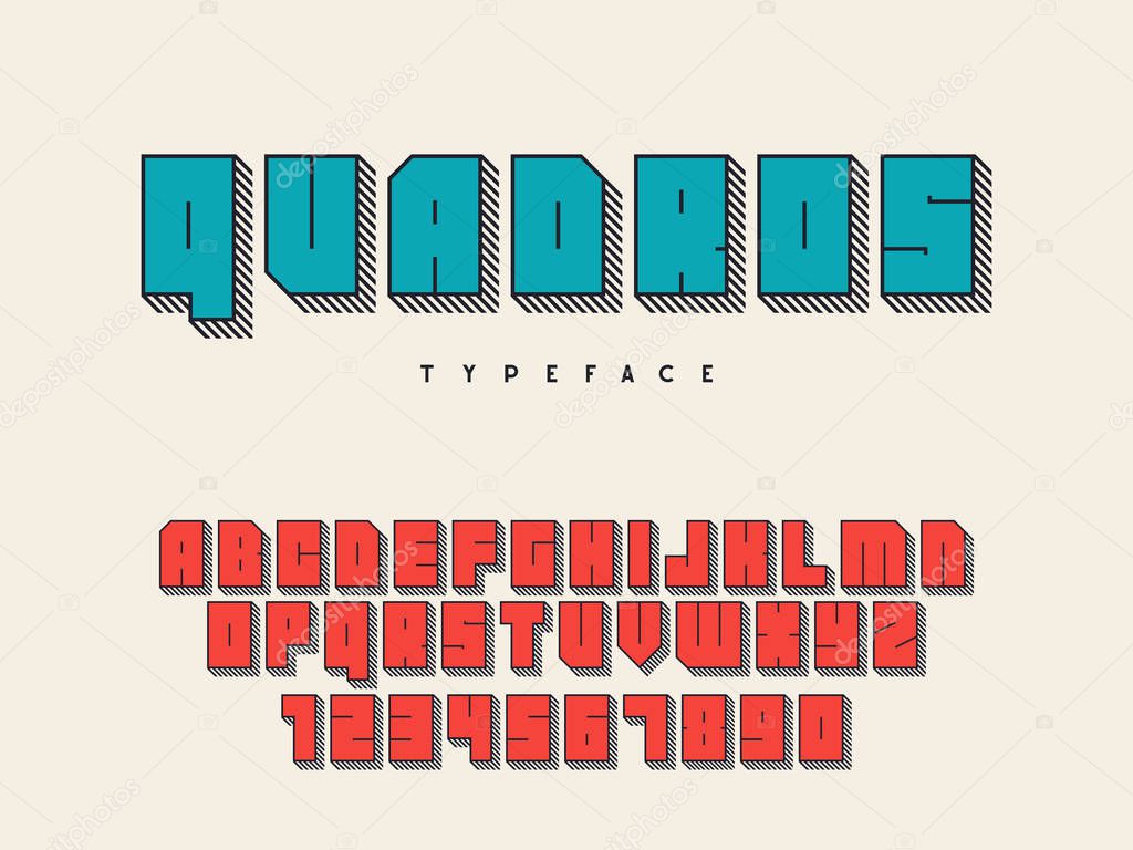 Vector square block font. Latin alphabet letters and numbers. 3d font