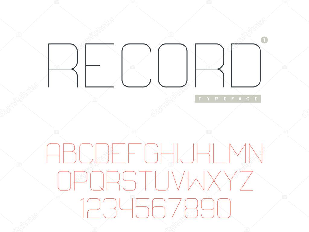 Vector thin line uppercase font. Latin alphabet letters and numbers