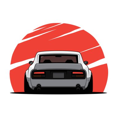 Çizgi film eski Japon akortlu araba izole edildi. Arkadan bak. Vektör illüstrasyonu