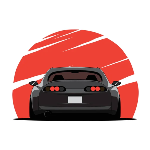 Cartoon Japão Sintonizado Carro Fundo Sol Vermelho Vista Traseira Ilustração — Vetor de Stock