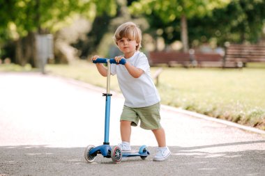 Çocuk güneşli bir yaz gününde parkta scooter sürmeyi öğreniyor. Anaokulu çocuğu paten kayıyor. Çocuklar dışarıda scooterlarla oynarlar. Çocuk için aktif eğlence ve açık hava sporu.