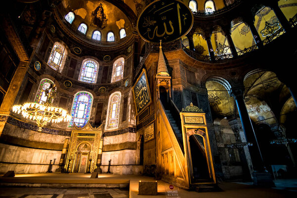 Inside the Hagia Sophia, Turkey. It is a top landmark of Istanbul. Ancient decoration of the Hagia Sophia or Ayasofya