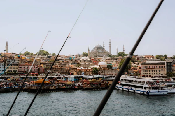 İstanbul 'un tarihi merkezinin panoramik görünümü, Boğaz' ın kıyısındaki mimari.