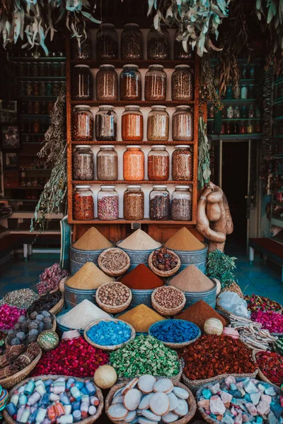 Selecția Condimentelor Piață Tradițională Marocană Souk Marrakech Maroc — Fotografie, imagine de stoc