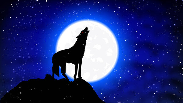 A wolf in the snow howls at the full moon, vector art illustration.