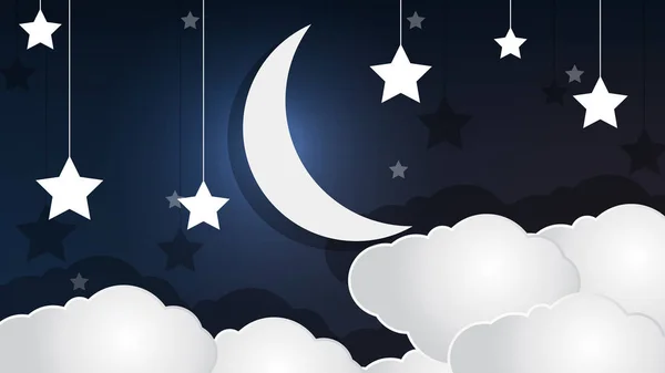 Papier Półksiężyca Chmury Gwiazdy Niebie Wektor Ilustracja — Wektor stockowy