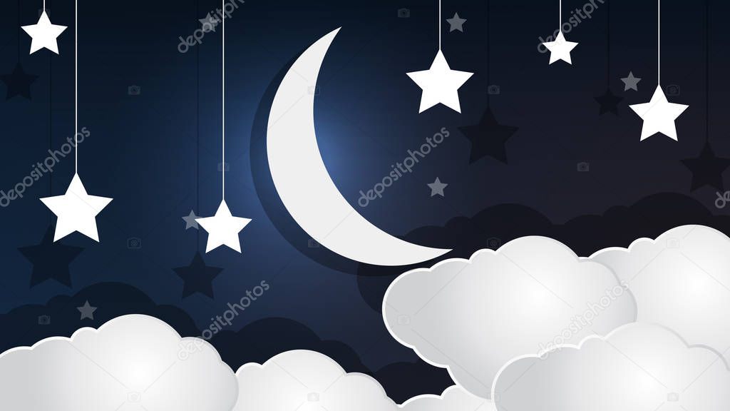 Paper crescent cloud and stars in the sky, vector art illustration.