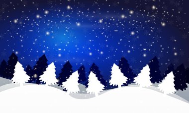 Gece gökyüzü, vektör sanat resimde ağaçların kış manzarası.