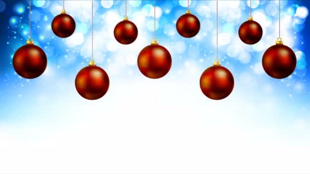 Pendurado Bolas Natal Vermelho Fundo Azul Brilhante Bokeh Ilustração Vídeo — Vídeo de Stock