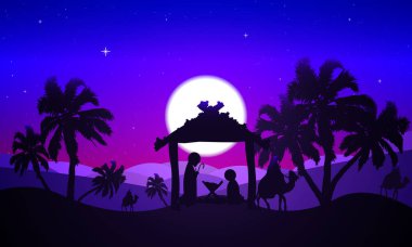 Jesus Mary ve Joseph çölde gece, sanat vektör çizim.