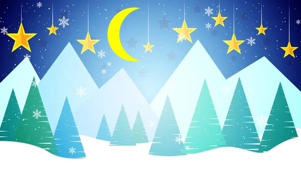 Inverno Luna Paesaggio Stelle Neve Montagne Con Carta Buon Natale — Vettoriale Stock
