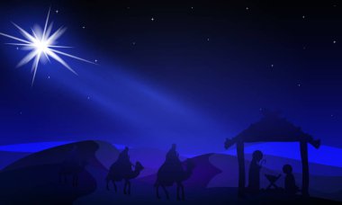 Jesus Mary ve Joseph vektör sanat çizim gece yıldızların altında.