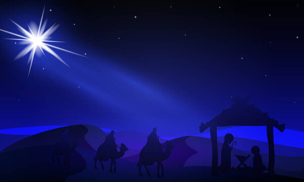 Jesus Mary and Joseph under the night stars, vector art illustration.
