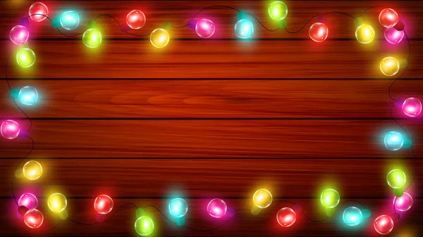 Guirlandes Noël Multicolores Sur Fond Des Planches Illustration Art Vectoriel — Image vectorielle