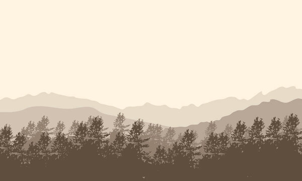 Brown monochrome landscape with mountains and forest, vector art illustration.