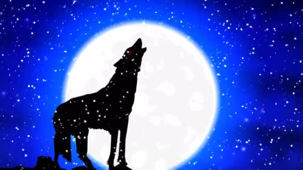 A wolf in the snow howls at the full moon, art video illustration.