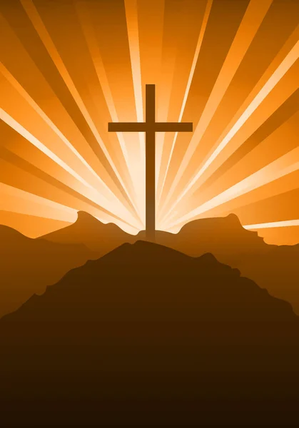 Christelijke godsdienst met een kruis en de hemel bij zonsondergang — Stockvector