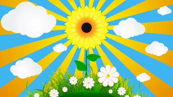 Sonnenblume auf einem Hintergrund aus Gras und Himmel — Stockvektor