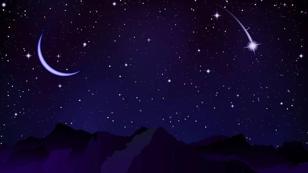 Cometa en el fondo de las montañas nocturnas — Vector de stock