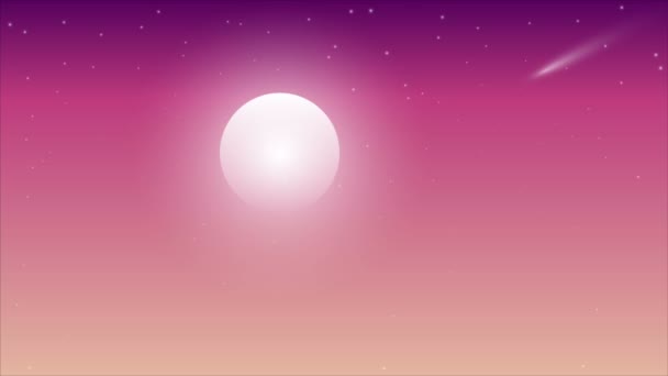 Moon és üstökös a lila rózsaszín ég, művészeti videó illusztráció.