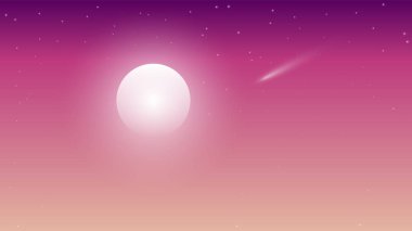 Ay ve kuyruklu yıldız menekşe pembe gökyüzü, vektör sanat illüstrasyon.