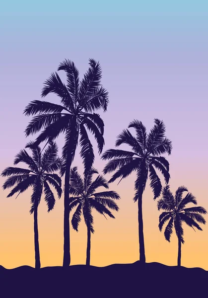 棕榈树在橙色的蓝色日落 矢量艺术插图 — 图库矢量图片
