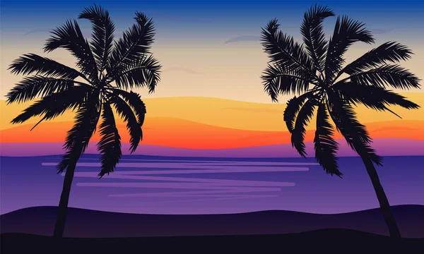蓝粉色调的棕榈树对海景观 矢量艺术插图 — 图库矢量图片