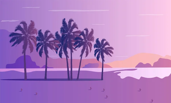 日落时分的海和山脉棕榈树景观 矢量艺术插图 — 图库矢量图片