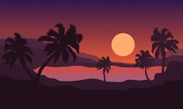 棕榈树在日落时分 在海的背景被群山包围 矢量艺术插图 — 图库矢量图片