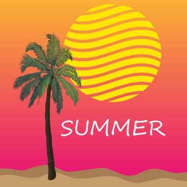 Gün batımında sahilde palmiye ağacı, vektör sanat illüstrasyon.