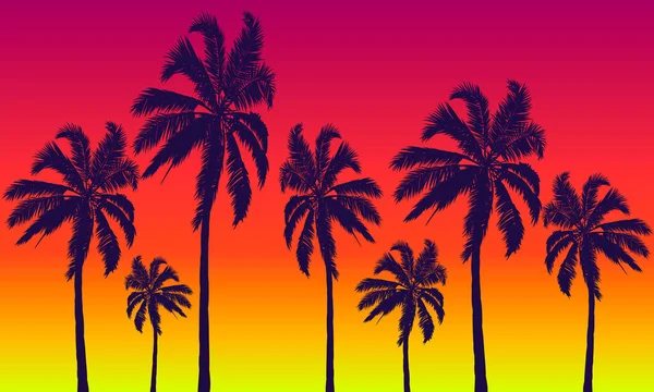 Palmeras Sobre Fondo Verano Puesta Sol Rojo Amarillo Ilustración Arte — Vector de stock