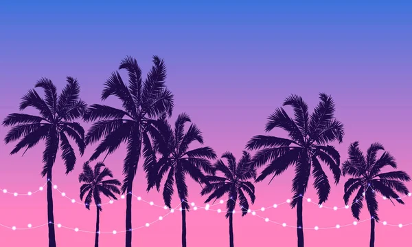 Palmeras Atardecer Con Guirnaldas Ilustración Arte Vectorial — Vector de stock