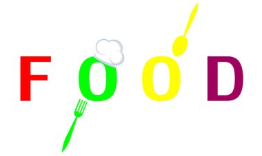 Kaşık çatalı, aşçı şapkası ve vektör çizimi olan kelime yemekleri..