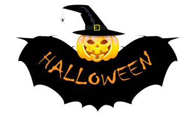 Cadılar Bayramı balkabağı yarasa kanatları ve cadı şapkası, vektör sanat çizimi.