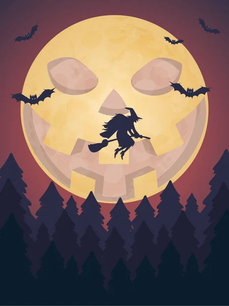 Bruja Volando Sobre Luna Bosque Halloween Ilustración Arte Vectorial — Archivo Imágenes Vectoriales