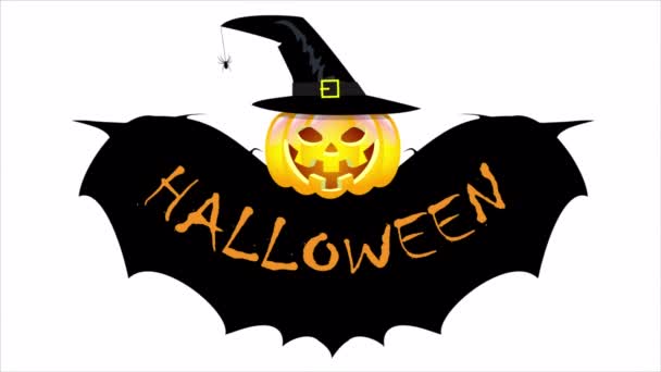 Halloween Pumpkin Bat Wings Witch Hat Art Video Illustration — Stock Video